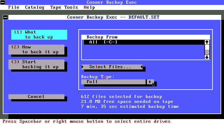 Conner Backup Exec for DOS 2.1.2 - Menu